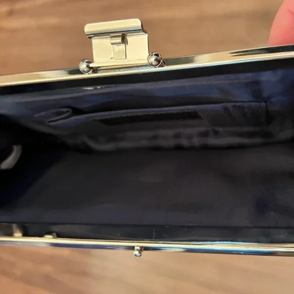 Jessica McClintock Y2K Black Clutch Shoulder Bag Evening Silver Drop Chain Strap - Picture 7 of 10